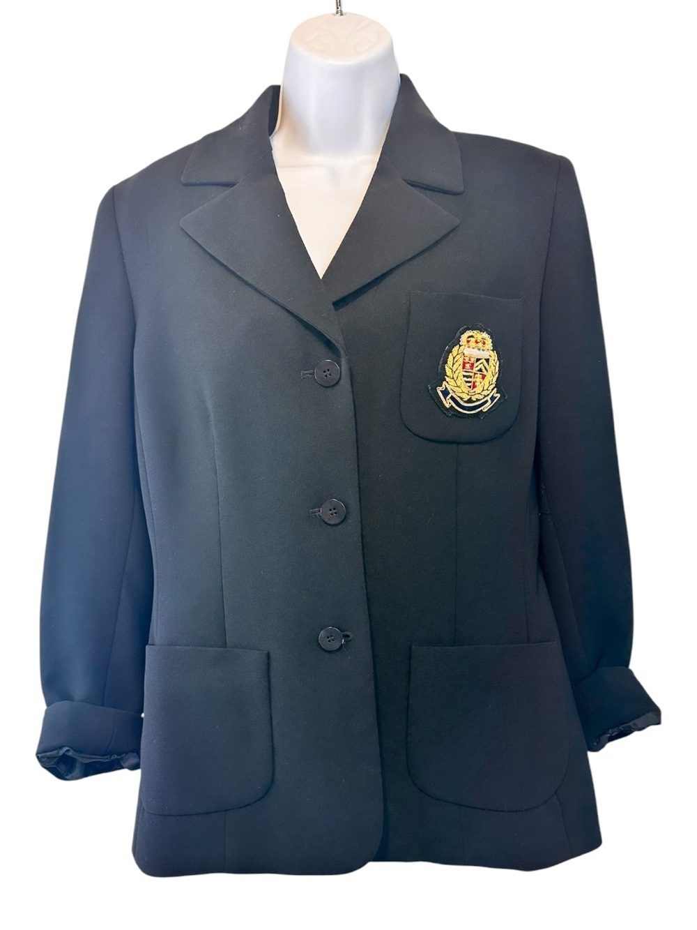 Kasper Black Blazer Jacket Size 10 Classic Crest Preppy Chic Timeless Ralph
